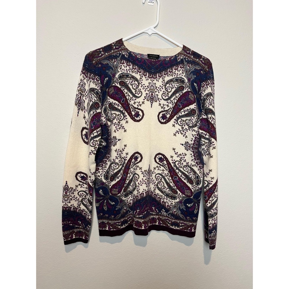 Talbots Sweater Womens Medium Multicolor Paisley 100% Cashmere Crewneck Knit